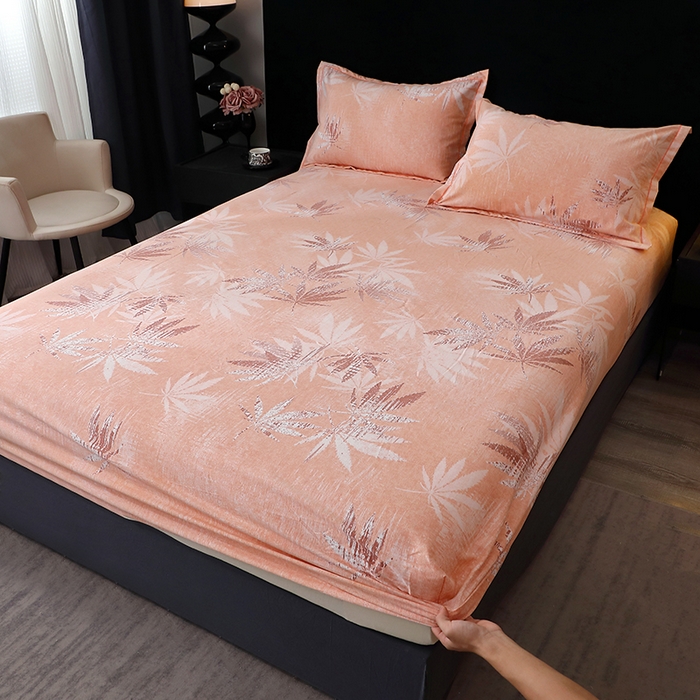 91家纺网 家纺一手货源 找家纺 晶缦家纺 2024新款叶语系纯棉全棉生态磨毛多规格单床笠 枫叶情怀粉