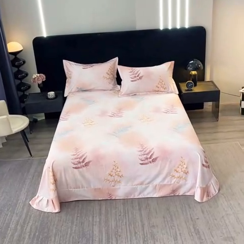 91家纺网 家纺一手货源 找家纺 晶缦家纺 2024新款叶语系纯棉全棉生态磨毛多规格单床单 花羽庭粉