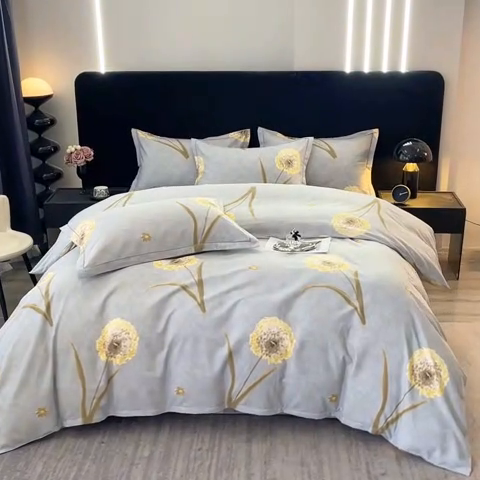 91家纺网 家纺一手货源 找家纺 晶缦家纺 2024新款叶语系纯棉全棉生态磨毛多规格四件套 清浅蒲英灰