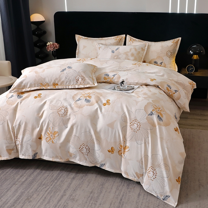 91家纺网 家纺一手货源 找家纺 晶缦家纺 2024新款叶语系纯棉全棉生态磨毛多规格四件套 如月花梦咖