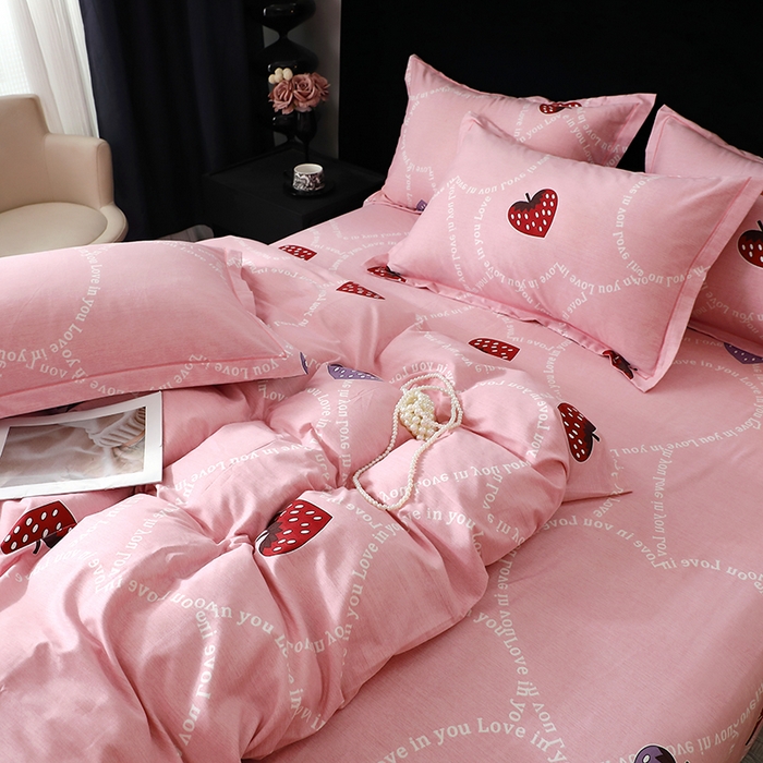 91家纺网 家纺一手货源 找家纺 晶缦家纺 2024新款叶语系纯棉全棉生态磨毛多规格四件套 炫动草莓粉