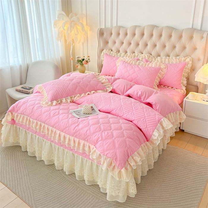 91家纺网 家纺一手货源 找家纺 虹星家纺 2024新款A类水洗棉夹棉床盖四件套 花黛-樱花粉