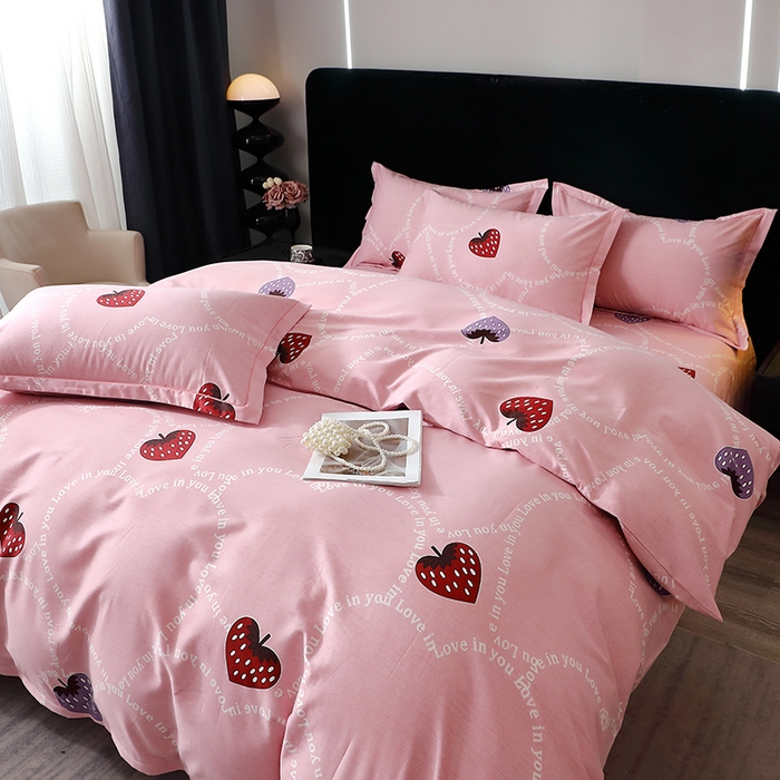 91家纺网 家纺一手货源 找家纺 晶缦家纺 2024新款叶语系纯棉全棉生态磨毛多规格四件套 炫动草莓粉