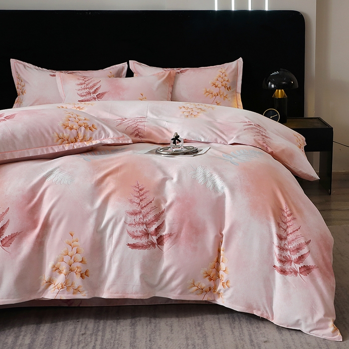 91家纺网 家纺一手货源 找家纺 晶缦家纺 2024新款叶语系纯棉全棉生态磨毛多规格四件套 花羽庭粉