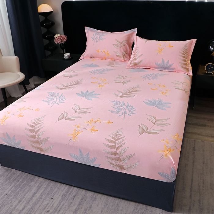 91家纺网 家纺一手货源 找家纺 晶缦家纺 2024新款叶语系纯棉全棉生态磨毛多规格单床笠 相思叶粉