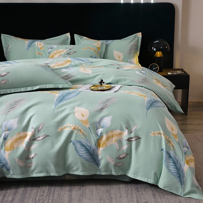 91家纺网 家纺一手货源 找家纺 晶缦家纺 2024新款叶语系纯棉全棉生态磨毛多规格四件套 云瑶蓝