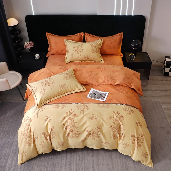 91家纺网 家纺一手货源 找家纺 晶缦家纺 2024新款叶语系纯棉全棉生态磨毛多规格四件套 绿风铃桔