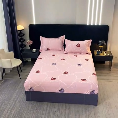 91家纺网 家纺一手货源 找家纺 晶缦家纺 2024新款叶语系纯棉全棉生态磨毛多规格单床笠 炫动草莓粉