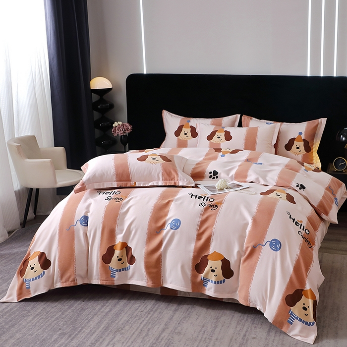 91家纺网 家纺一手货源 找家纺 晶缦家纺 2024新款叶语系纯棉全棉生态磨毛多规格四件套 欢乐狗粉