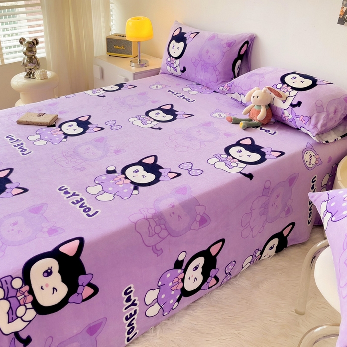 91家纺网 家纺一手货源 找家纺 艾橙家纺 2024新款A类加厚牛奶绒印花床单 猫小姐