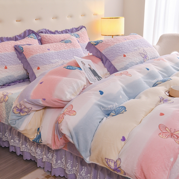 91家纺网 家纺一手货源 找家纺 雅眠居2024新款直播爆款牛奶绒印花床盖四件套双层蕾丝花边床裙单件三件套 浪漫蝴蝶