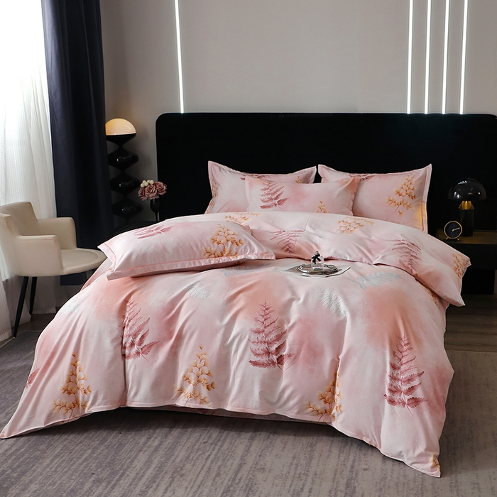 91家纺网 家纺一手货源 找家纺 晶缦家纺 2024新款叶语系纯棉全棉生态磨毛多规格四件套 花羽庭粉