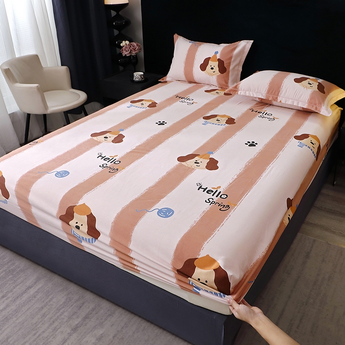 91家纺网 家纺一手货源 找家纺 晶缦家纺 2024新款叶语系纯棉全棉生态磨毛多规格单床笠 欢乐狗粉