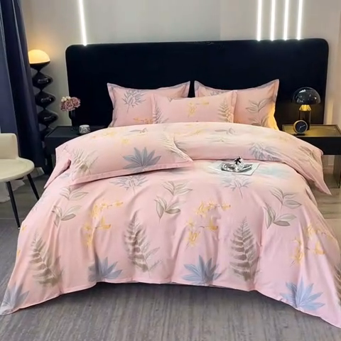 91家纺网 家纺一手货源 找家纺 晶缦家纺 2024新款叶语系纯棉全棉生态磨毛多规格四件套 相思叶粉