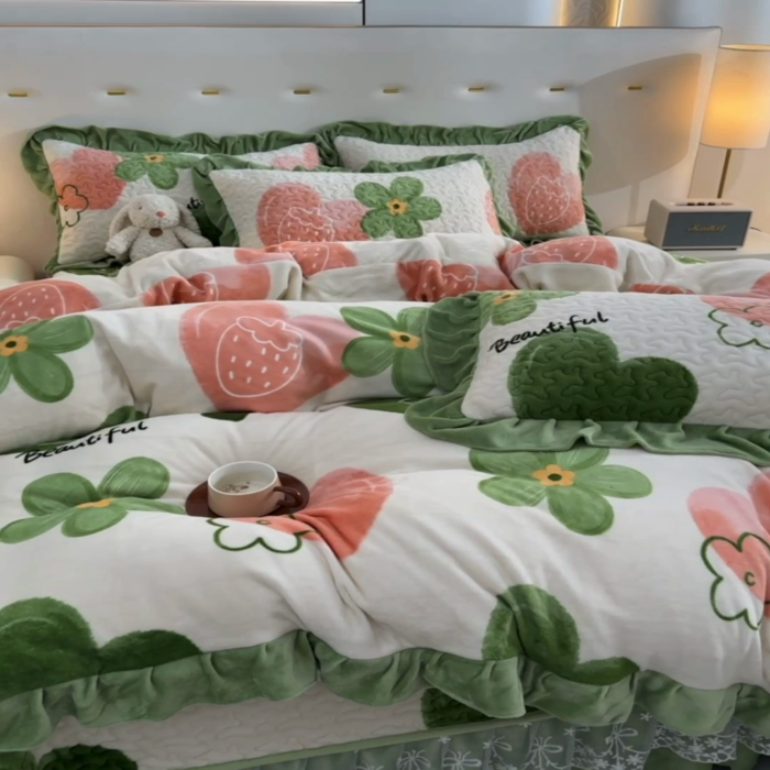 91家纺网 家纺一手货源 找家纺 民新家纺 2025新款牛奶绒印花夹棉床盖四件套 爱心草莓-绿