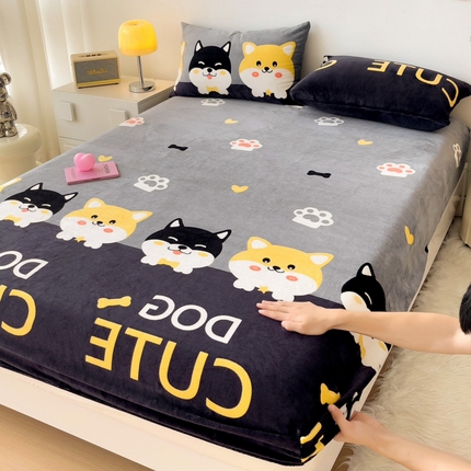 艾橙家纺 2024新款A类加厚牛奶绒印花床笠 柯基