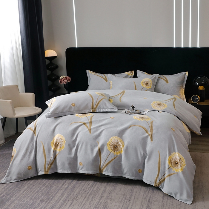 91家纺网 家纺一手货源 找家纺 晶缦家纺 2024新款叶语系纯棉全棉生态磨毛多规格四件套 清浅蒲英灰