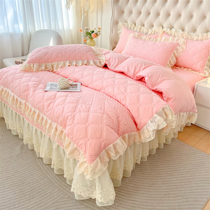 91家纺网 家纺一手货源 找家纺 虹星家纺 2024新款A类水洗棉夹棉床盖四件套 花黛-仙女粉