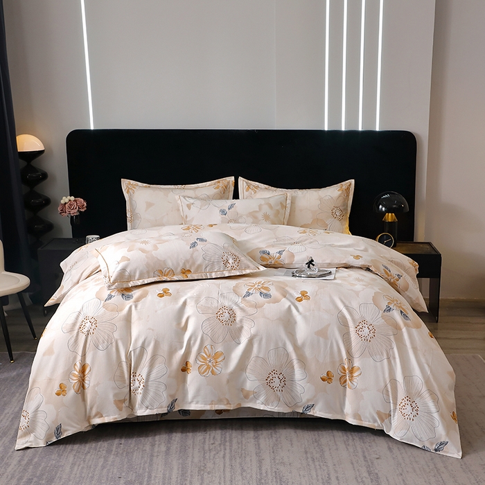 91家纺网 家纺一手货源 找家纺 晶缦家纺 2024新款叶语系纯棉全棉生态磨毛多规格四件套 如月花梦咖