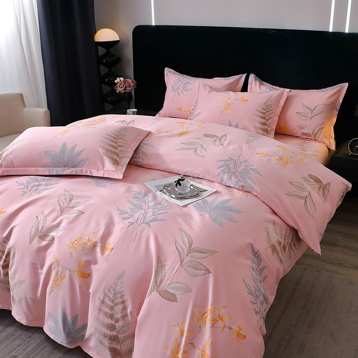 91家纺网 家纺一手货源 找家纺 晶缦家纺 2024新款叶语系纯棉全棉生态磨毛多规格四件套 相思叶粉