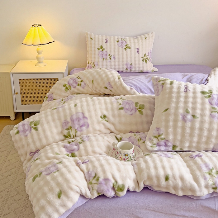 91家纺网 家纺一手货源 找家纺 金爱家 2024新款A类高克重云朵牛奶泡泡绒四件套 泡泡绒-玫瑰紫