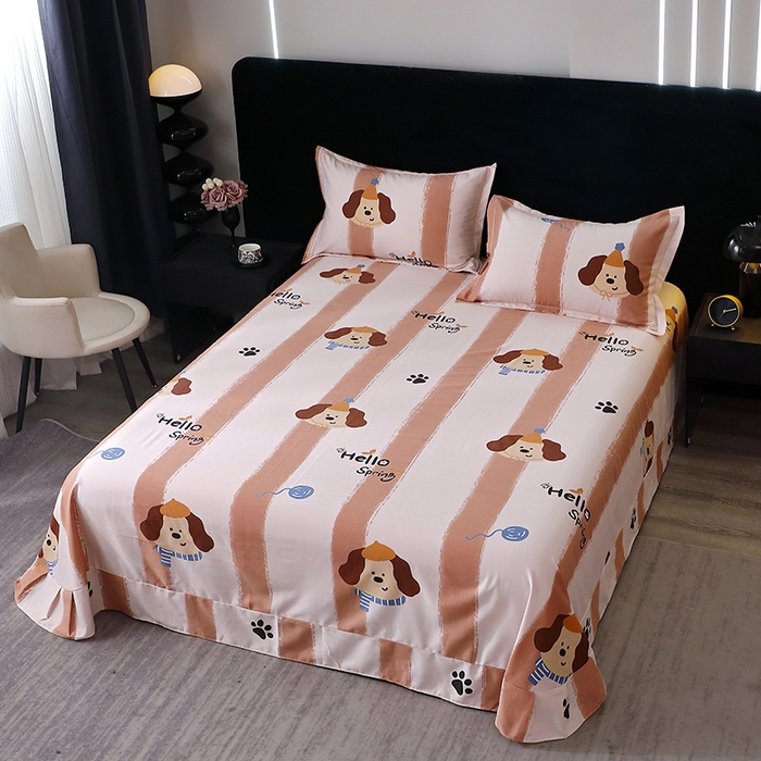 91家纺网 家纺一手货源 找家纺 晶缦家纺 2024新款叶语系纯棉全棉生态磨毛多规格单床单 欢乐狗粉