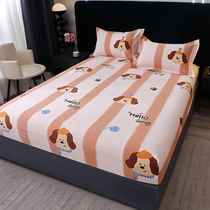 91家纺网 家纺一手货源 找家纺 晶缦家纺 2024新款叶语系纯棉全棉生态磨毛多规格单床笠 欢乐狗粉