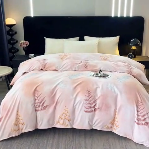 91家纺网 家纺一手货源 找家纺 晶缦家纺 2024新款叶语系纯棉全棉生态磨毛多规格单被套 花羽庭粉