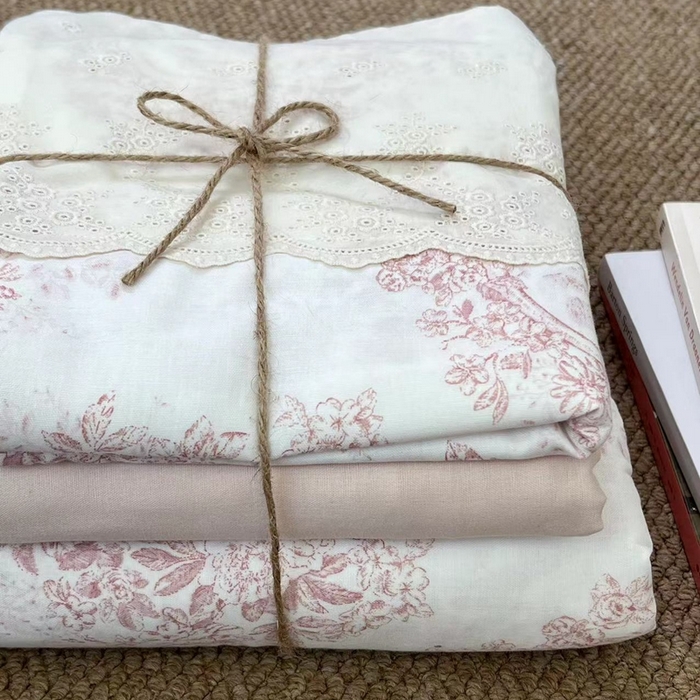 91家纺网 家纺一手货源 找家纺 2024新款全棉印花双层纱四件套--蕾丝花边款 真我