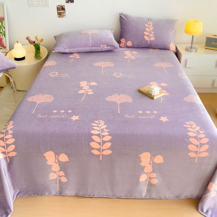 91家纺网 家纺一手货源 找家纺 艾橙家纺 2024新款A类加厚牛奶绒印花床单 银杏叶