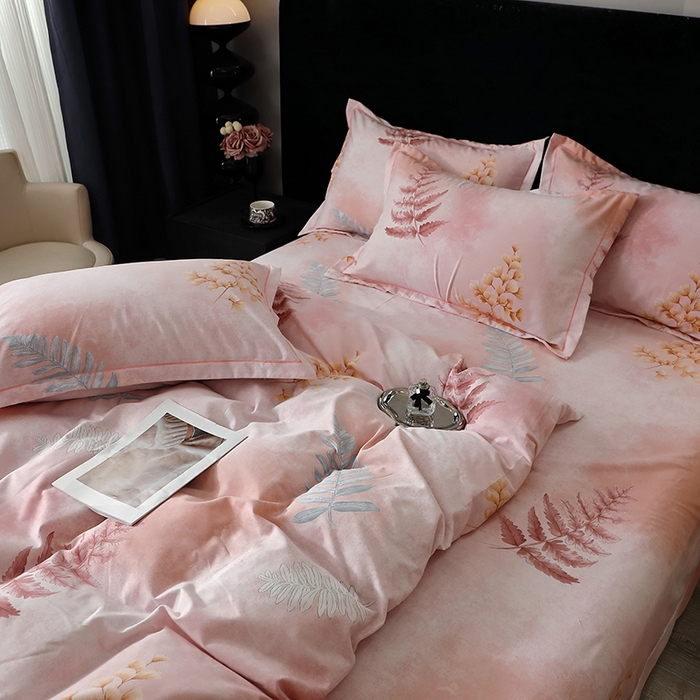 91家纺网 家纺一手货源 找家纺 晶缦家纺 2024新款叶语系纯棉全棉生态磨毛多规格四件套 花羽庭粉