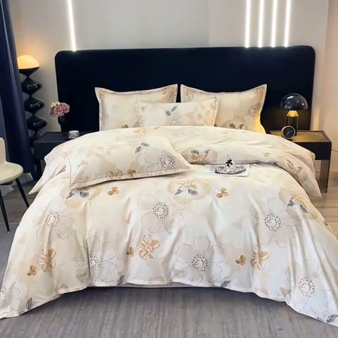 91家纺网 家纺一手货源 找家纺 晶缦家纺 2024新款叶语系纯棉全棉生态磨毛多规格四件套 如月花梦咖