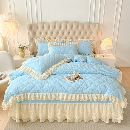 虹星家纺 2024新款A类水洗棉夹棉床盖四件套 花黛-天空蓝