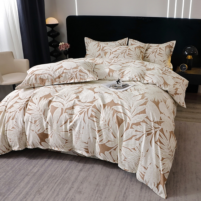 91家纺网 家纺一手货源 找家纺 晶缦家纺 2024新款叶语系纯棉全棉生态磨毛多规格四件套 叶之恋咖