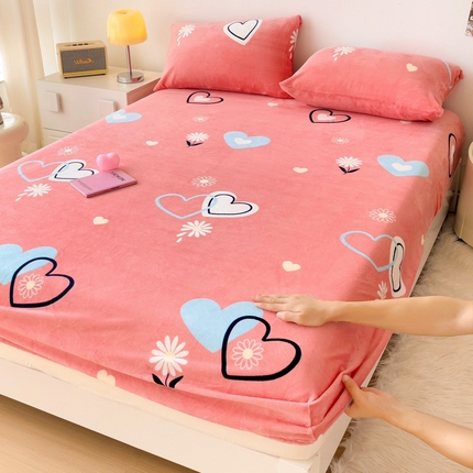 艾橙家纺 2024新款A类加厚牛奶绒印花床笠 爱心小花