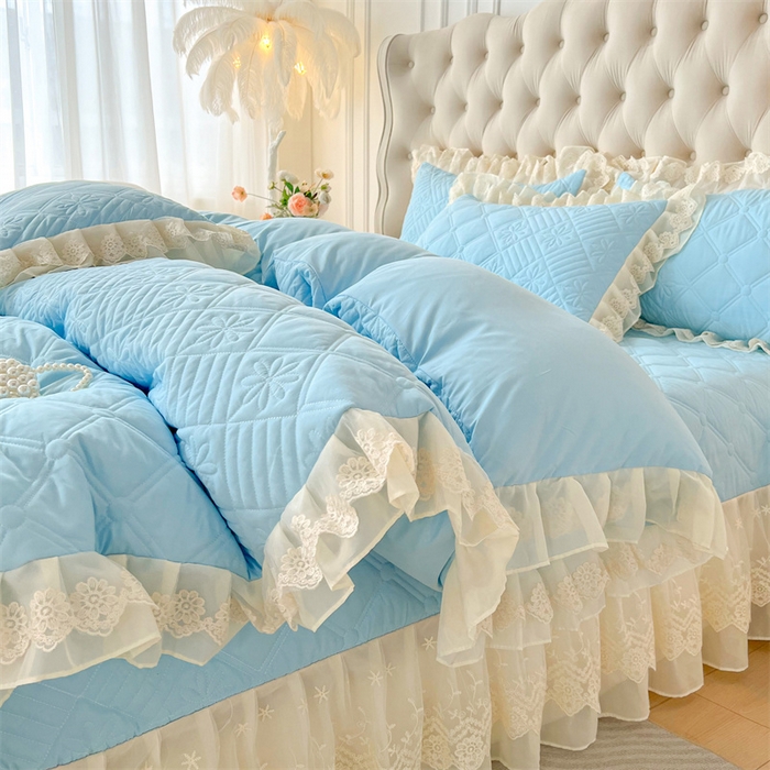 91家纺网 家纺一手货源 找家纺 虹星家纺 2024新款A类水洗棉夹棉床盖四件套 花黛-天空蓝