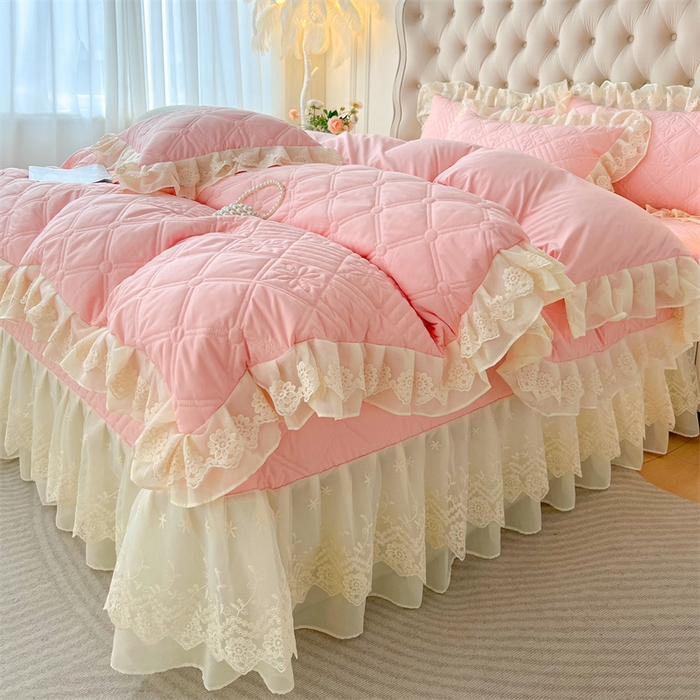 91家纺网 家纺一手货源 找家纺 虹星家纺 2024新款A类水洗棉夹棉床盖四件套 花黛-仙女粉