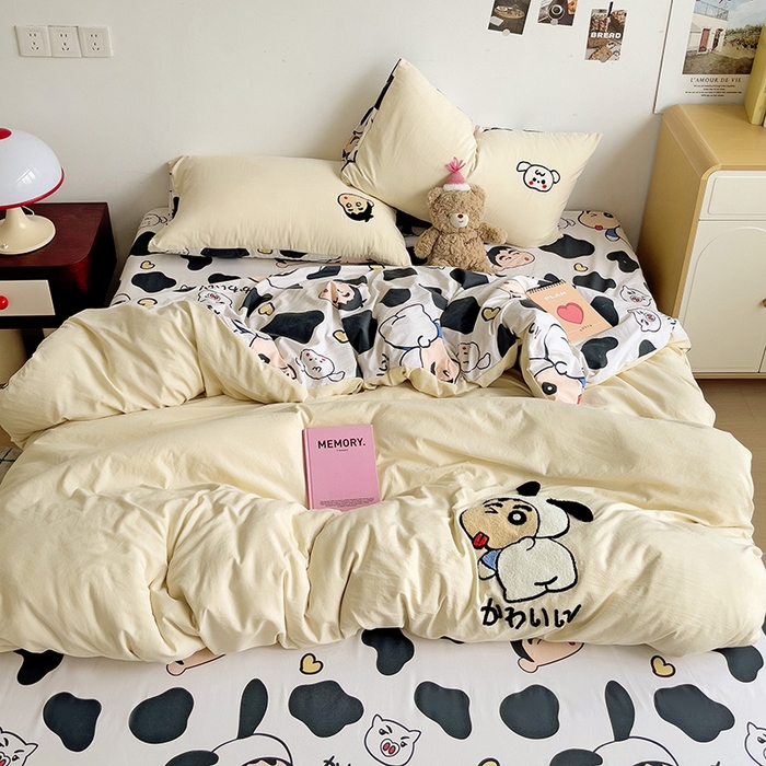 91家纺网 家纺一手货源 找家纺 一霖家纺 2024新款高克重云朵棉毛巾绣印＋绣小清新系列四件套 蜡笔新新