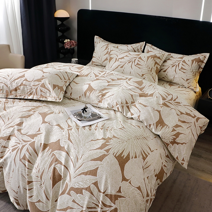 91家纺网 家纺一手货源 找家纺 晶缦家纺 2024新款叶语系纯棉全棉生态磨毛多规格四件套 叶之恋咖