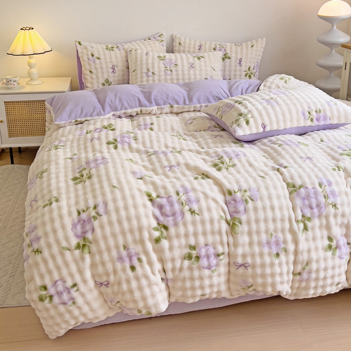 91家纺网 家纺一手货源 找家纺 金爱家 2024新款A类高克重云朵牛奶泡泡绒四件套 泡泡绒-玫瑰紫