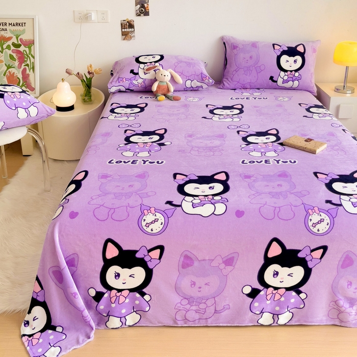 91家纺网 家纺一手货源 找家纺 艾橙家纺 2024新款A类加厚牛奶绒印花床单 猫小姐