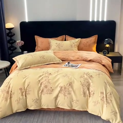 91家纺网 家纺一手货源 找家纺 晶缦家纺 2024新款叶语系纯棉全棉生态磨毛多规格四件套 绿风铃桔