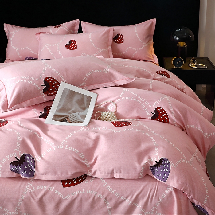 91家纺网 家纺一手货源 找家纺 晶缦家纺 2024新款叶语系纯棉全棉生态磨毛多规格四件套 炫动草莓粉