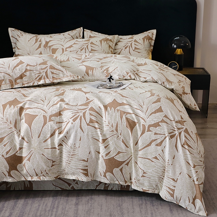 91家纺网 家纺一手货源 找家纺 晶缦家纺 2024新款叶语系纯棉全棉生态磨毛多规格四件套 叶之恋咖