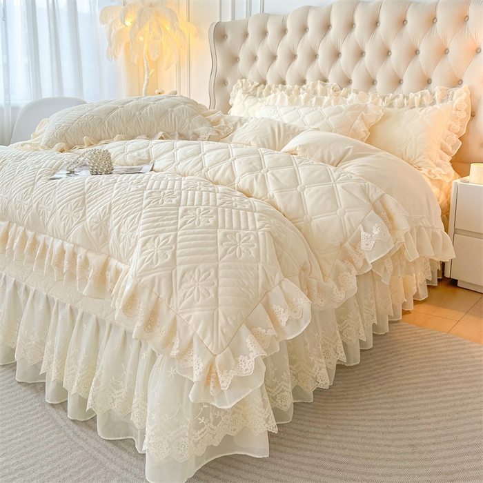 91家纺网 家纺一手货源 找家纺 虹星家纺 2024新款A类水洗棉夹棉床盖四件套 花黛-浅米色