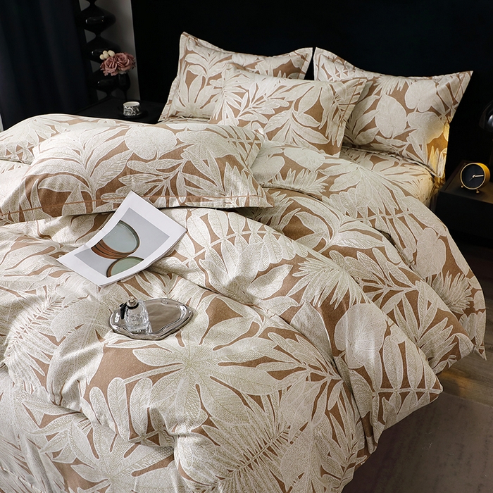 91家纺网 家纺一手货源 找家纺 晶缦家纺 2024新款叶语系纯棉全棉生态磨毛多规格四件套 叶之恋咖