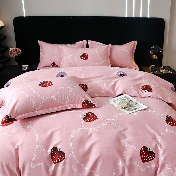 91家纺网 家纺一手货源 找家纺 晶缦家纺 2024新款叶语系纯棉全棉生态磨毛多规格四件套 炫动草莓粉