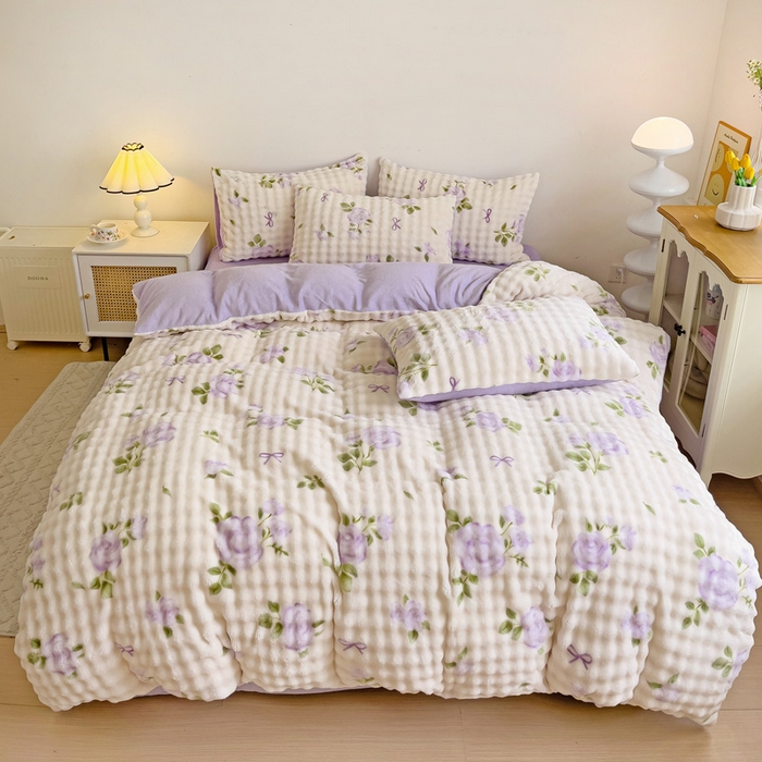 91家纺网 家纺一手货源 找家纺 金爱家 2024新款A类高克重云朵牛奶泡泡绒四件套 泡泡绒-玫瑰紫