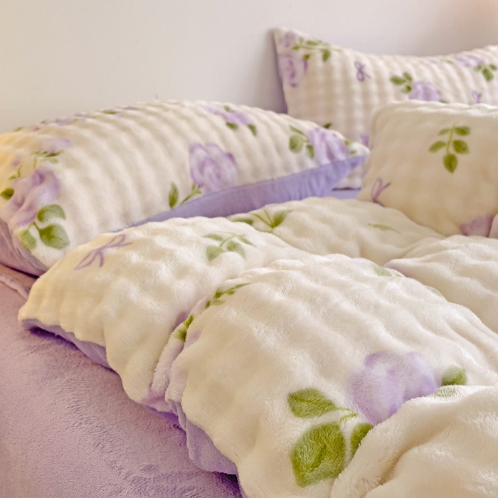 91家纺网 家纺一手货源 找家纺 金爱家 2024新款A类高克重云朵牛奶泡泡绒四件套 泡泡绒-玫瑰紫