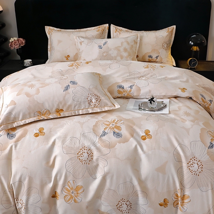 91家纺网 家纺一手货源 找家纺 晶缦家纺 2024新款叶语系纯棉全棉生态磨毛多规格四件套 如月花梦咖